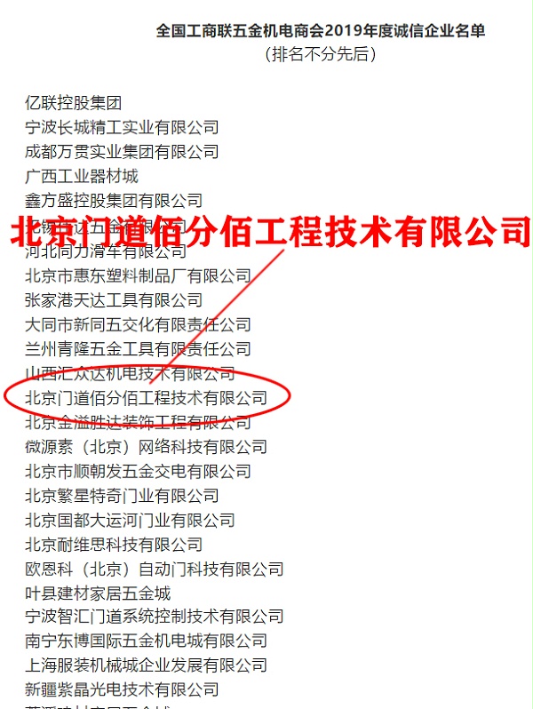 2019年度全国工商联五金机电商会诚信企业名单