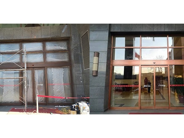 两会委员驻地：鸿府大厦自动门门区型材包饰外观修理复原服务案例
